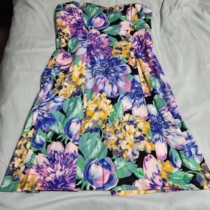 Floral Strapless A-Line Dress in Purple, Yellow & Green Resort Wear Size 12